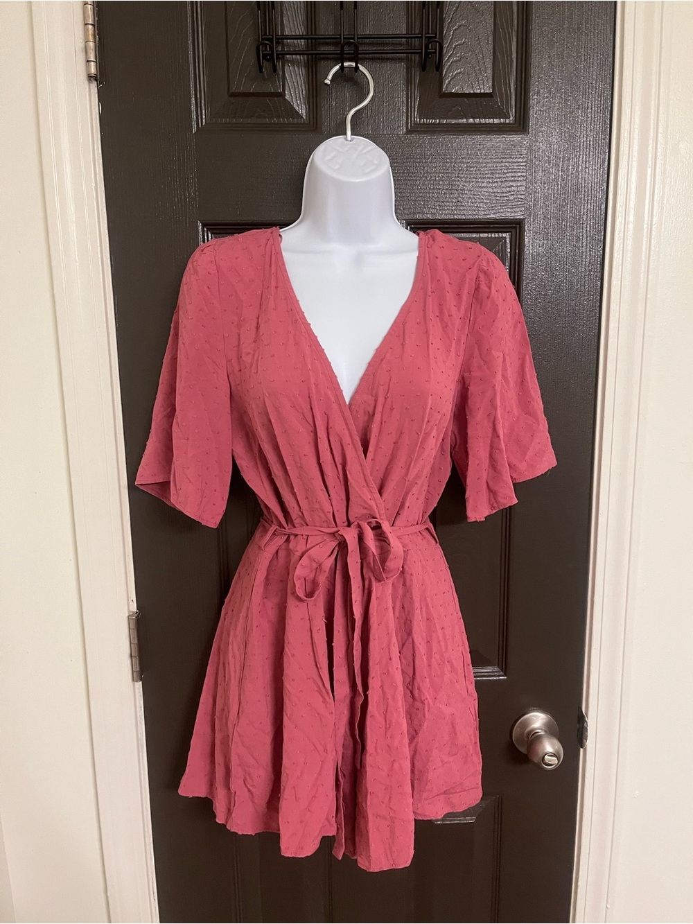 Blue Rain Rose Pink Wrap Romper with Tie Waist